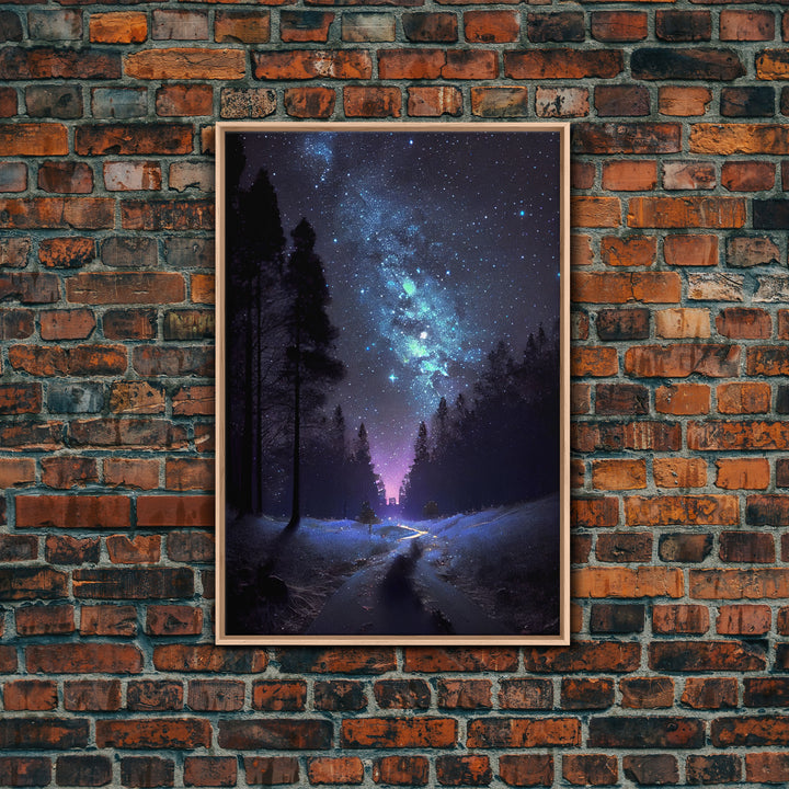 Starry Night Time Landscape, Milky Way Galaxy Art, Pine Tree Forest, Framed Canvas Print