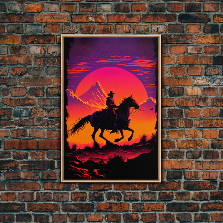 Outrun Style Wildwest Sunset Art, Framed canvas print, framed wall art, retro style western decor