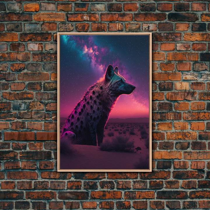 Portrait of a Neon Hyena, Laughing Hyenas, Framed Canvas Print, Unique Wall Art, Kid Room Art, Synthwave Retro Style Decor