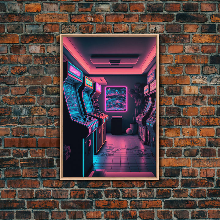 Neon Arcade, Gamer Room Decor, Unique Game Room Art, Framed Canvas Print, Synthwave Style Art, Vaporwave Gamer Art, Retrowave Arcade