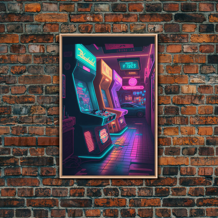 The Neon Arcade, Gamer Room Decor, Unique Game Room Art, Framed Canvas Print, Synthwave Style Art, Vaporwave Gamer Art, Retrowave Arcade