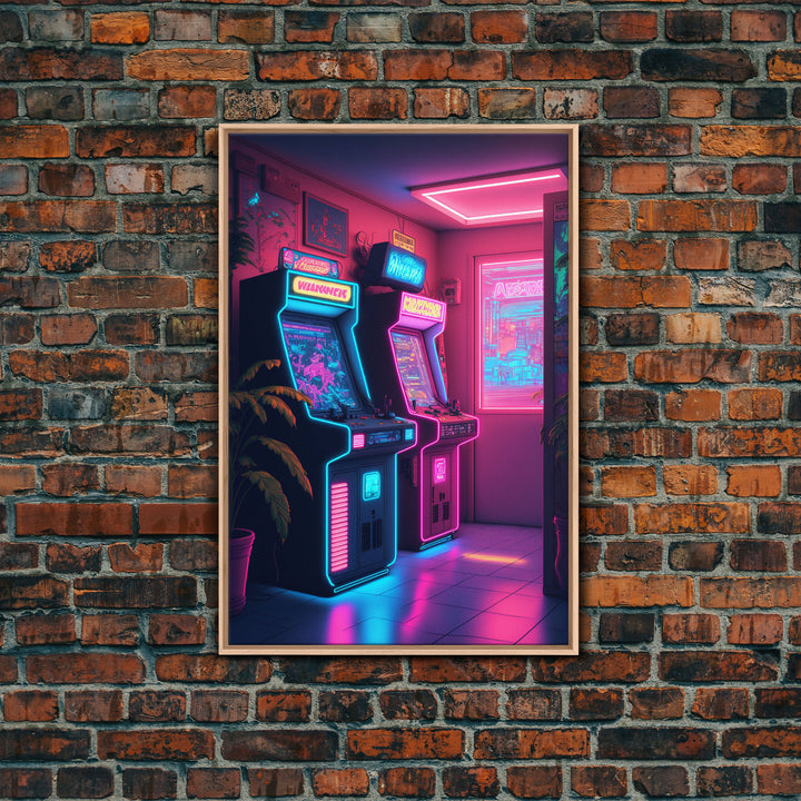 Retrowave Arcade Room, Neon Gamer Art, Framed Canvas Print, Framed Wall Art, Retrowave Arcade Decor, Game Room Art