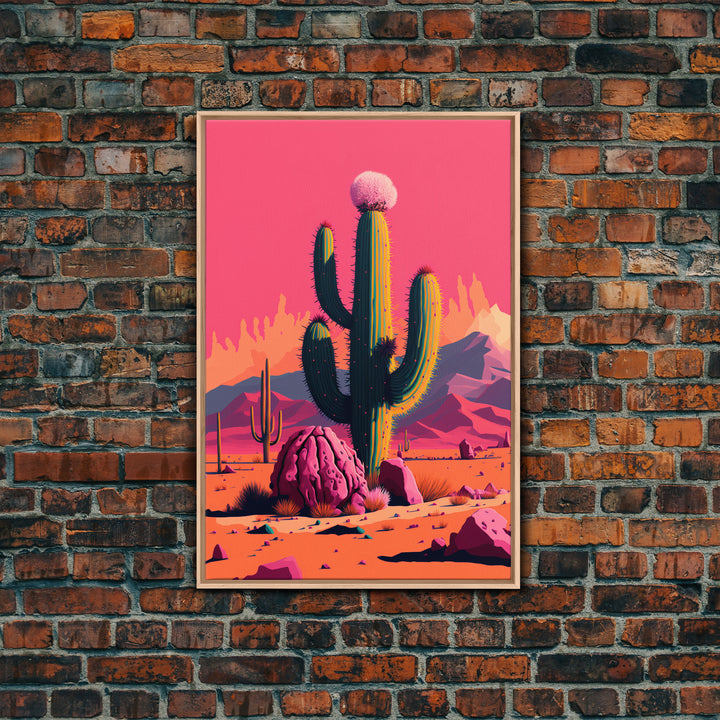 Mexico Cactus Art, Synthwave Pink Art, Framed Canvas Print, Southwest Saguaro Cactus Succulent Art, Western Decor