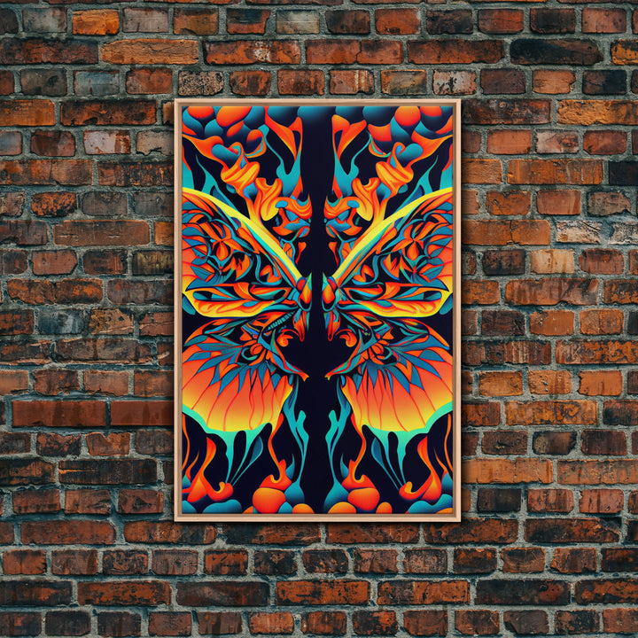 Butterfly Fire Rorschach Art, Dual Meaning, Framed Canvas Print, Optical Illusion Art