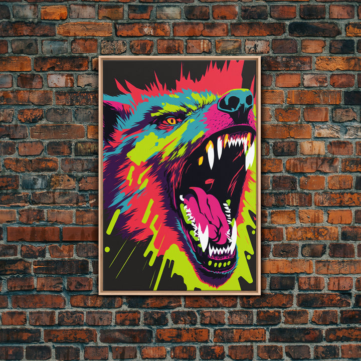 CHOMP! Wolf Bite! Framed Canvas Print, Unique Pop Art Style Animal Print