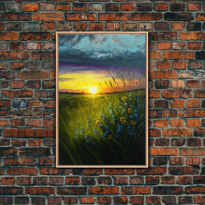 Sunset Over A Texas Field, Watercolor, Framed Canvas Print, Living Room Guest Room Art, Wall Decoration