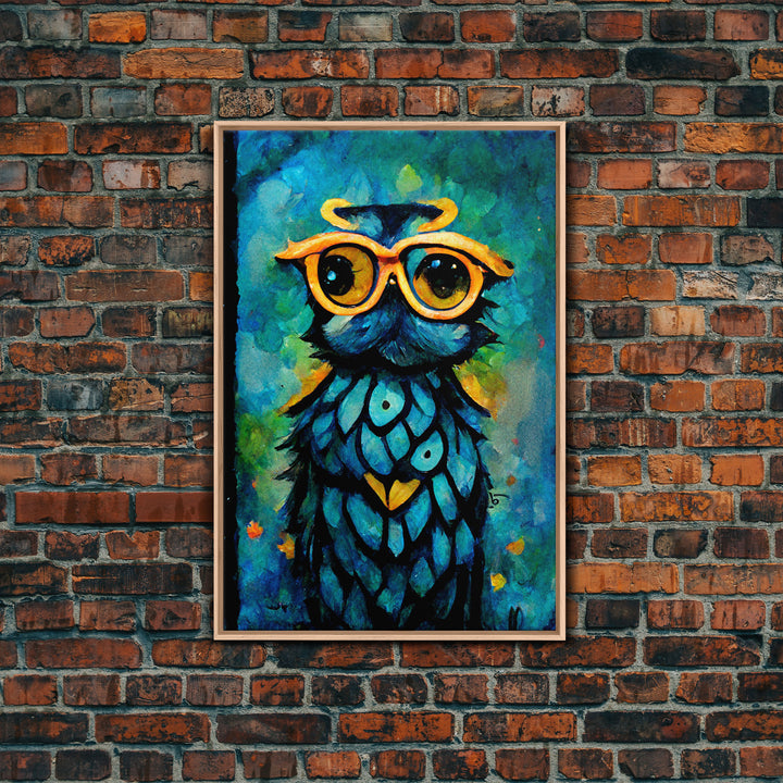 Wise Owl With Glasses Canvas Art - Owl Painting - Owl Wall Decor