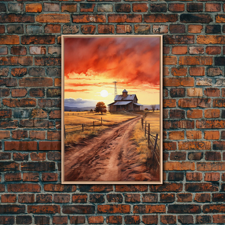 Sunset Over Kansas Farmhouse, Framed Canvas Print or Poster