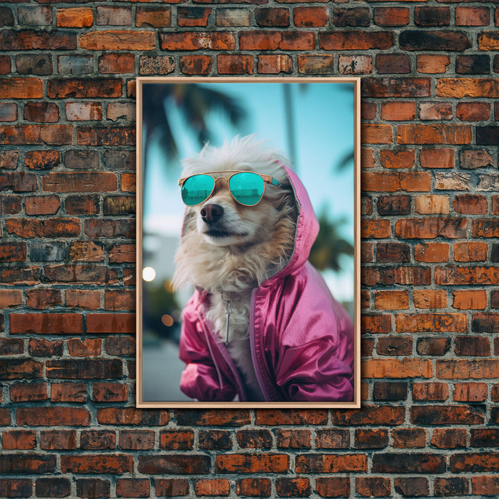 Pomeranian Wall Print, Dog Wall Art, Dog With Shades, Pink Shirt, Funny Wall Art, Framed Wall Art, Framed Canvas, Wall Print, Wall Canvas