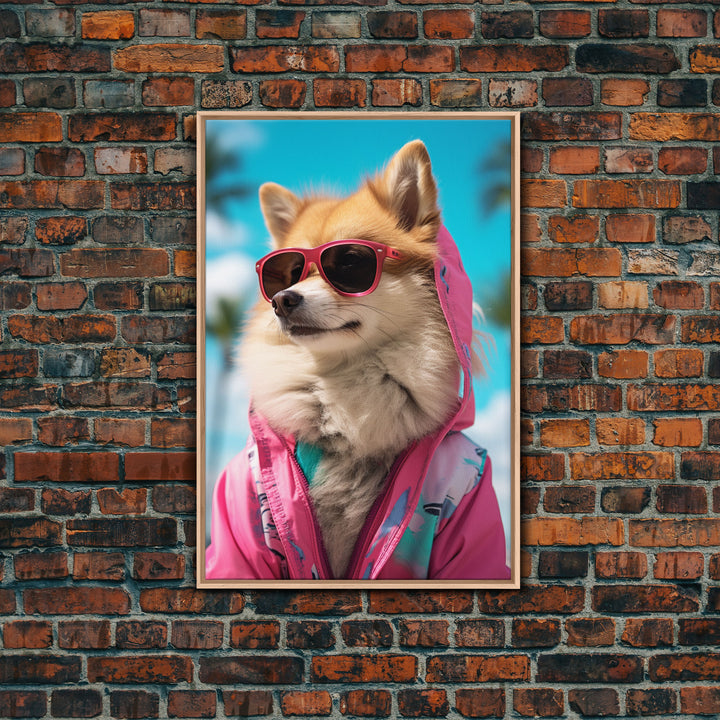 Pomeranian Wall Print, Dog With Shades, Dog Wall Art, Pink Shirt, Funny Wall Art, Framed Wall Art, Framed Canvas, Wall Print, Wall Canvas