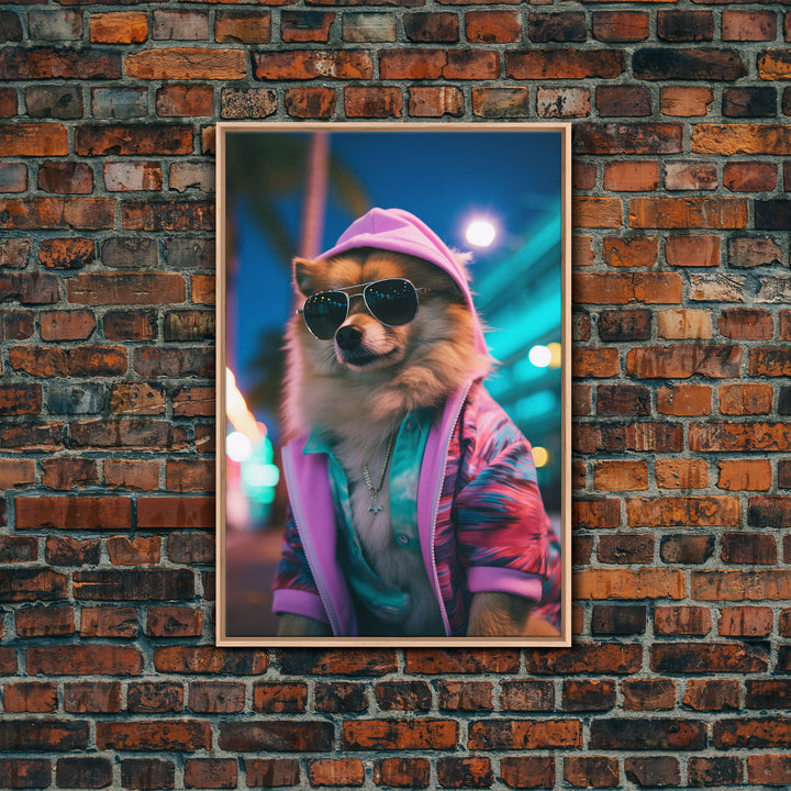 Pomeranian Wall Print, Dog Wall Art, Dog With Shades, Pink Hoodie, Funny Wall Art, Framed Wall Art, Framed Canvas, Wall Print, Wall Canvas