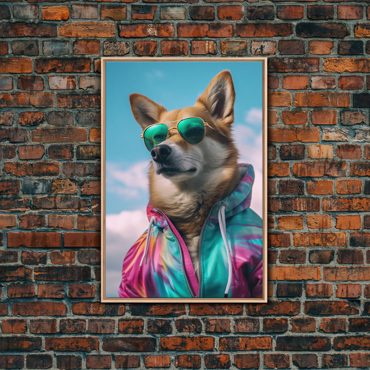 Shiba Inu Wall Print, Dog Wall Art, Dog With Shades, Colorful Hoodie, Funny Art, Framed Wall Art, Framed Canvas, Wall Print, Wall Canvas