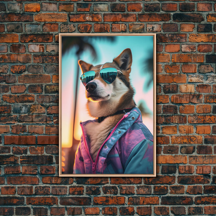 Shiba Inu Wall Print, Dog Art, Dog Sunglasses, Pink Teal Hoodie, Funny Wall Art, Framed Wall Art, Framed Canvas, Wall Print, Wall Canvas