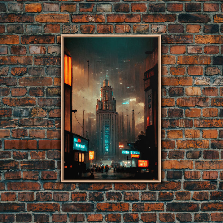 Art Deco Cyberpunk Cityscape Canvas Print, Scifi art, cool wall art for mancave, dystopian art, architecture