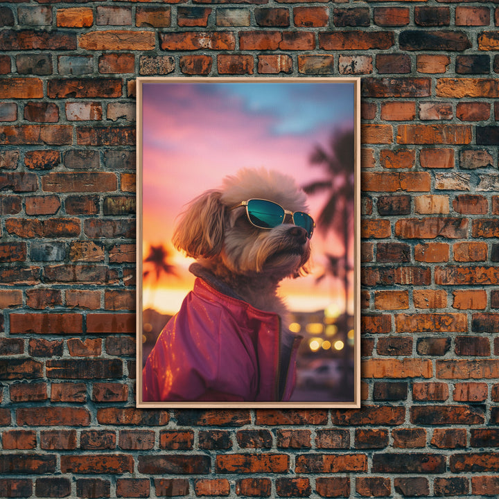 Shih Tzu Wall Print, Dog Portrait, Dog Sunglasses, Dog In Pink Jacket, Funny Art, Framed Wall Art, Framed Canvas, Wall Print, Wall Canvas