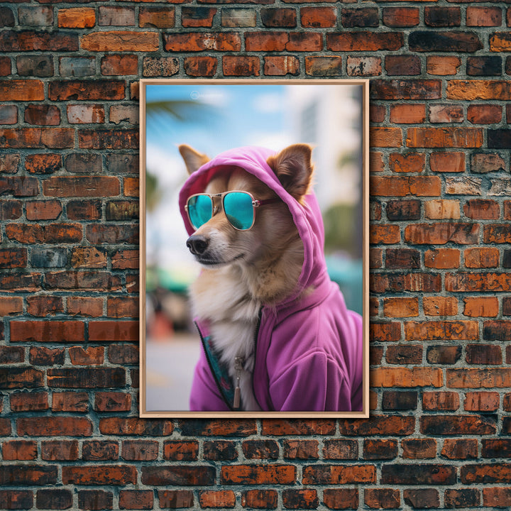 Corgi Pink Hoodie Wall Print, Animal Wall Art, Dog Portrait, Dog Art Print, Framed Wall Art, Framed Canvas, Wall Print, Wall Canvas