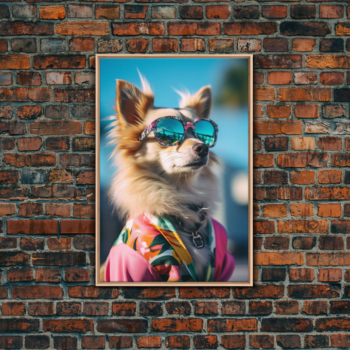 Long Haired Chihuahua In Pink Suit Sunglasses Wall Print, Dog Portrait, Dog Print, Framed Wall Art, Framed Canvas, Wall Print, Wall Canvas