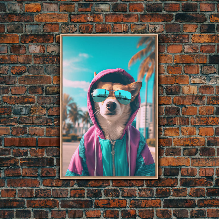 Corgi In Pink And Blue Hoodie Sunglasses Wall Print, Dog Art Print, Dog Portrait, Framed Wall Art, Framed Canvas, Wall Print, Wall Canvas