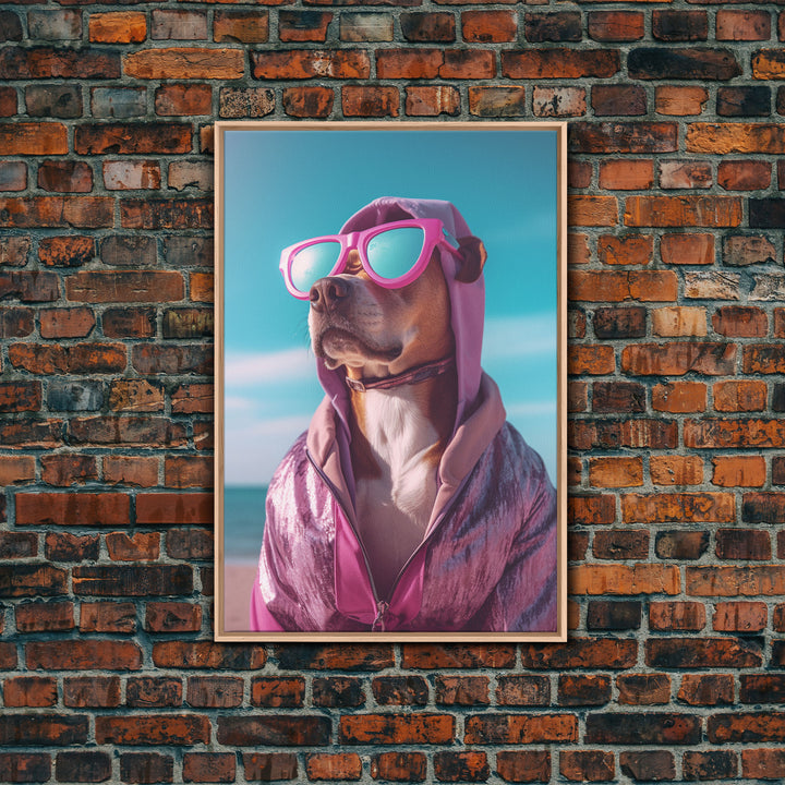 Pit Bull In Pink Hoodie Sunglasses Wall Print, Dog Décor, Dog Print, Dog Portrait, Framed Wall Art, Framed Canvas, Wall Print, Wall Canvas