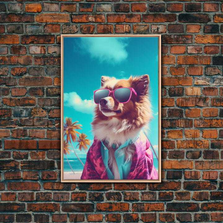 Pomeranian In Pink Shirt Sunglasses Wall Print, Beach Art, Dog Print, Dog Portrait, Framed Wall Art, Framed Canvas, Wall Print, Wall Canvas