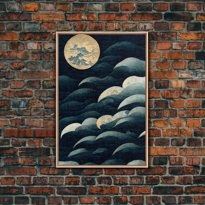 Japanese Style Wall Art, A Stormy Sea and Full Moon, Canvas Print, ready to hang wall art