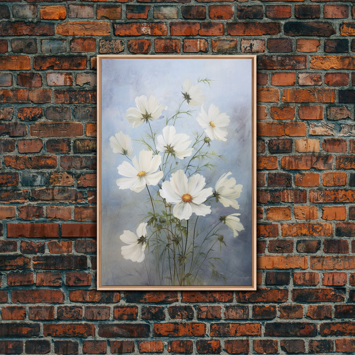 Cosmos Art Print - Framed Canvas Art - Oil Painting Poster Print  - White Flowers Still Life - Small Flower Bouquet Oil Painting Wall Art