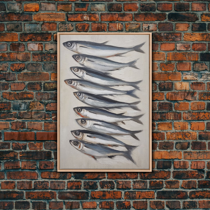 Minimalist Sardines Art Print - Framed Canvas Art - Oil Painting Still Life Print - French Kitchen Art - Restaurant Art - Boho Farmhouse Art