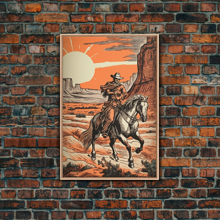 Rustic Horse Rider Oil Painting Canvas Print, Vintage Western Cowboy Art, Southwest Room Decor, Countryside Print, Country Art