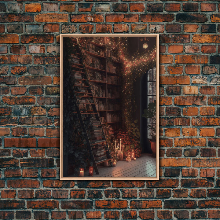 The Winter Library, Victorian Era Library with Ladder Art, Framed Canvas Print, Unique wall decor