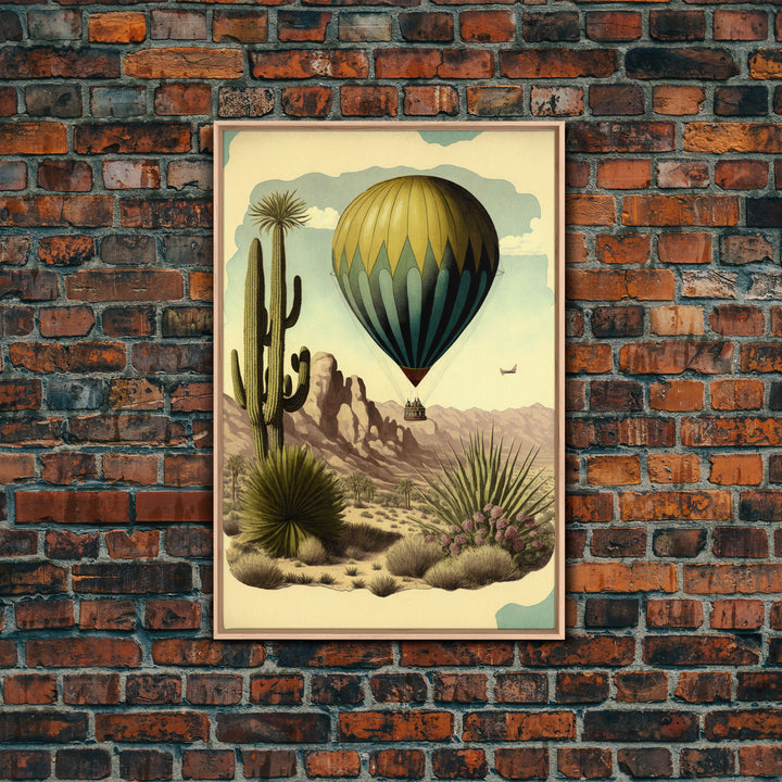 Retro Art Deco Style Hot Air Balloon Art, Framed Canvas print, framed wall art, desert landscape with cactus