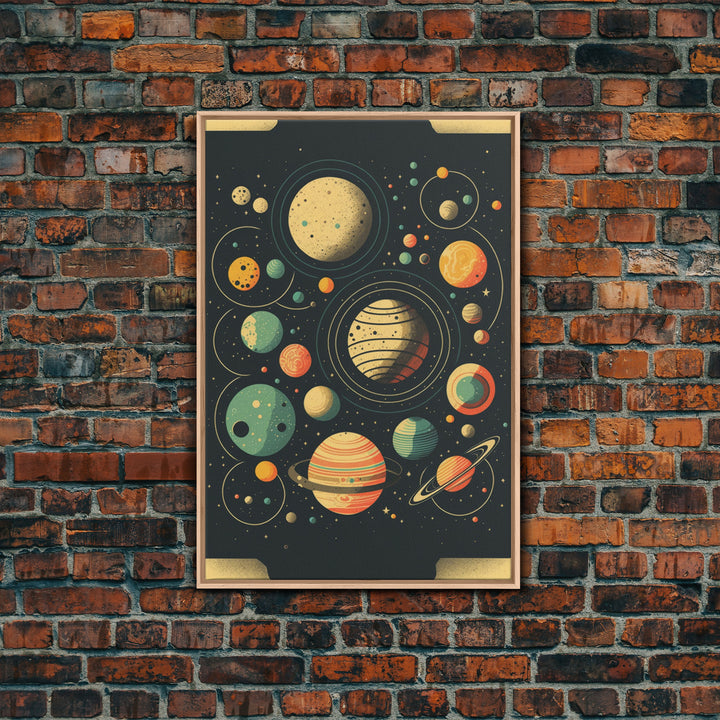 Art Deco Inspired Planetary Solar System Art, Framed Canvas Print, Cute Nursery Decor