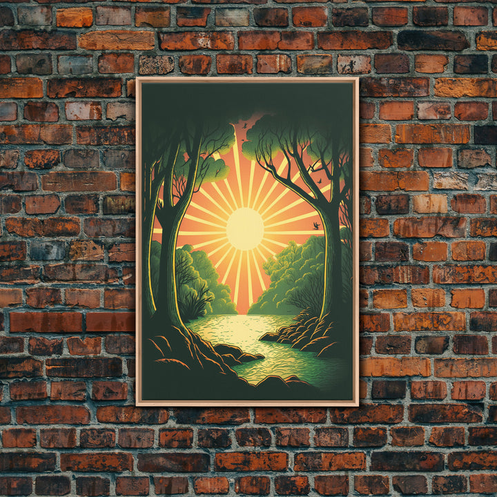 Retro Style Sunset Art, Art Deco Style Landscape Decor, Framed Canvas Print, Sunrise Golden Hour Art