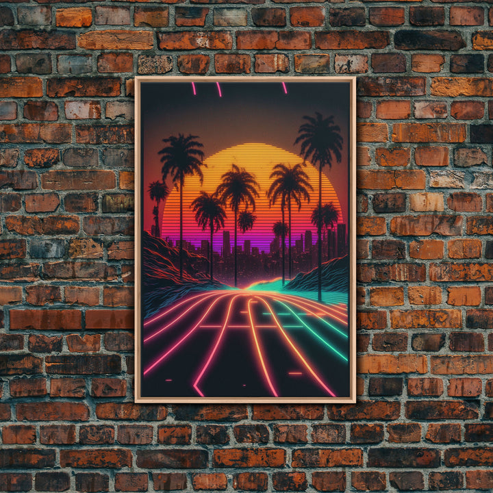 Neon Wireframe Road at Sunset, Outrun / Synthwave Palm Tree Art, 80s Retro Inspired Art, Framed Canvas Print