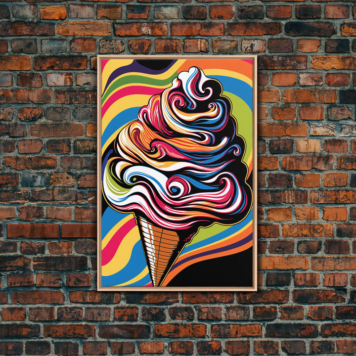 Pop Art Ice Cream, Psychedelic Ice cream cone, framed canvas print, large wall art, wall decoration