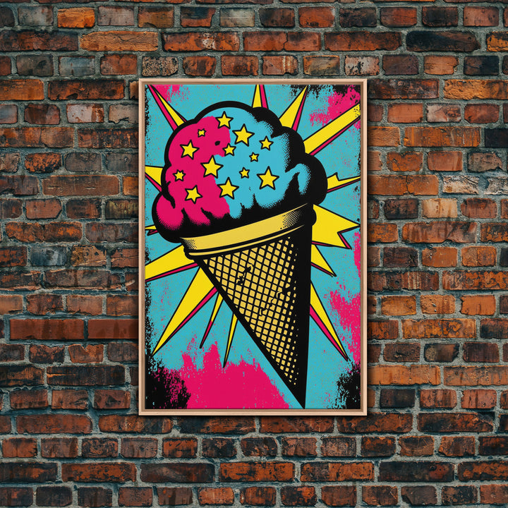 Pop Art Ice Cream, Psychedelic Ice cream cone, framed canvas print, large wall art, wall decoration, ice cream shop art