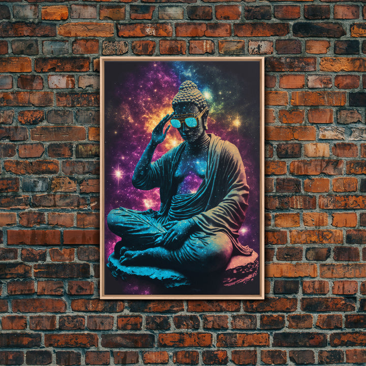 Psychedelic Buddha Wearing Aviators / Sunglasses, Meditation Art, Framed Canvas Print