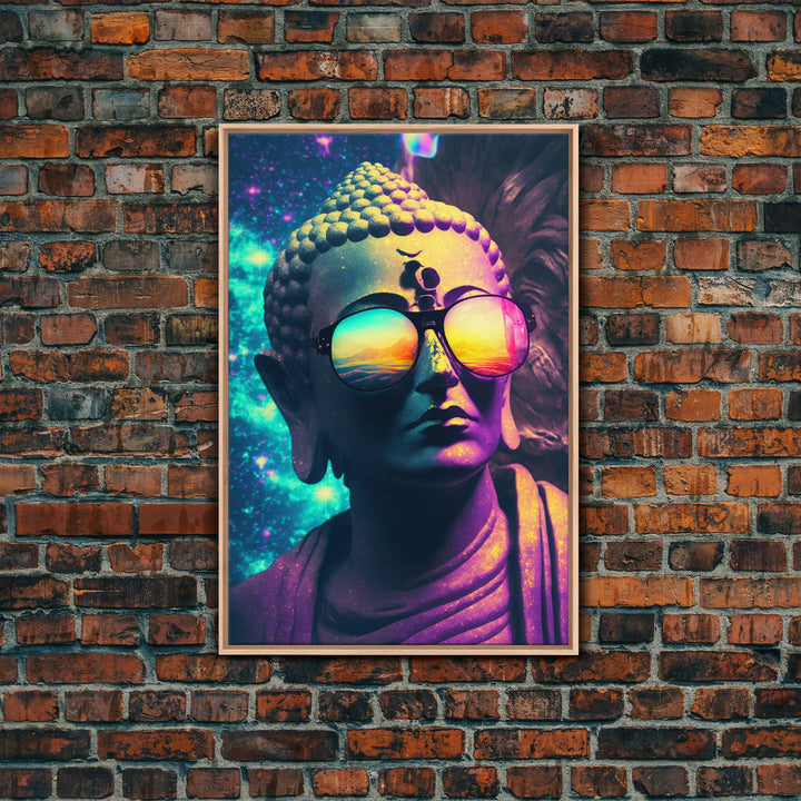 Open Your Mind, Psychedelic Buddha Statue Wearing Aviators / Sunglasses, Meditation Art, Framed Canvas Print, Color Pop Art