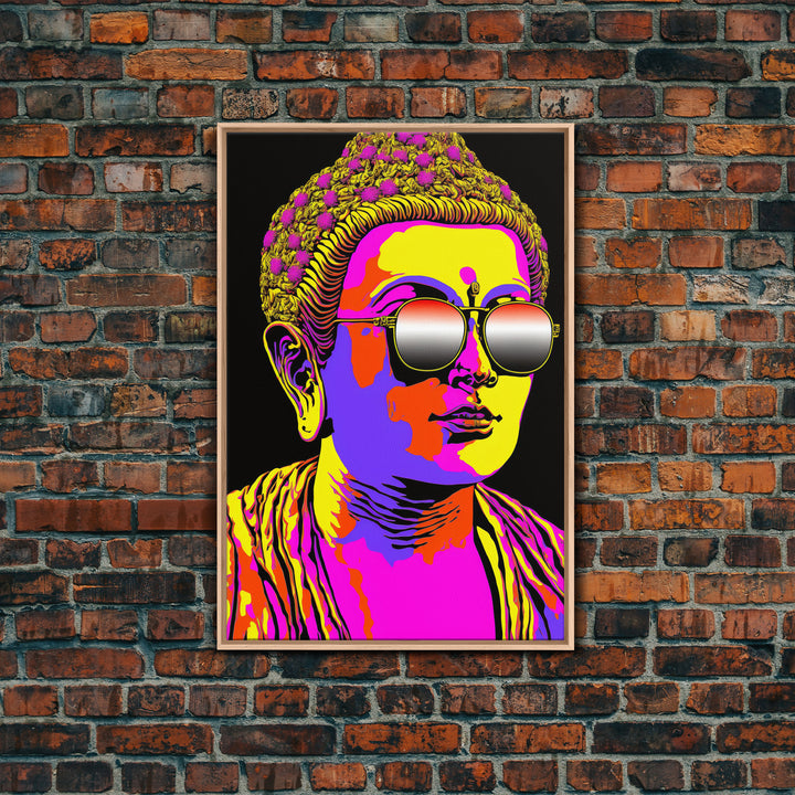 Heatwave Buddha Statue Wearing 80s Style Sunglasses, Framed Canvas Print, Psychedelic Meditation Buddhism Art, Art Deco Sunburst Buddha Art