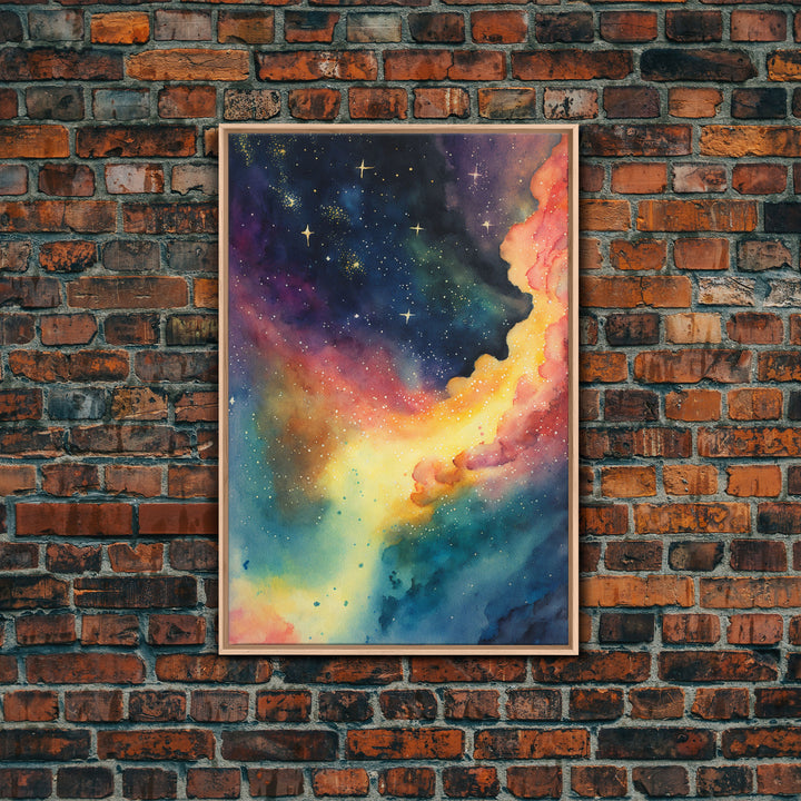 The Rainbow Nebula, Deep Space Art, Framed Canvas Print, Watercolor Painting of Space