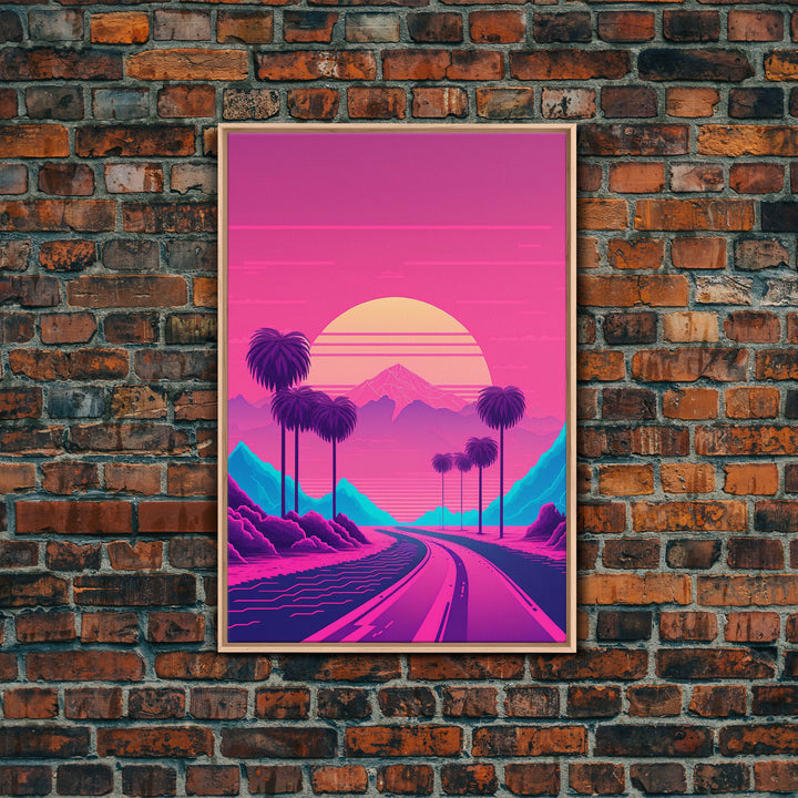 Retro Synthwave 80s Vibes Sunset Over The Mountains and Palm Trees, Highway, Framed Canvas Print