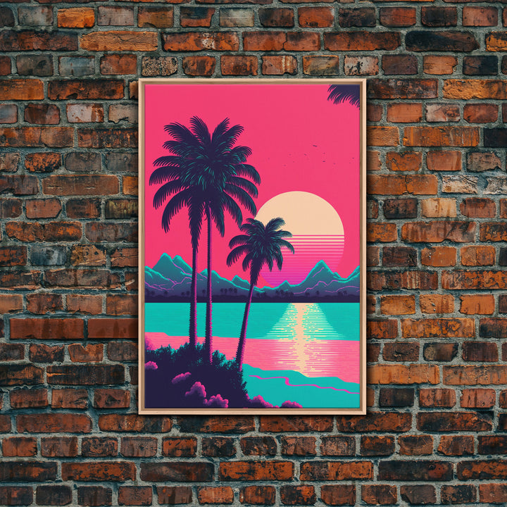 Retro Synthwave 80s Vibes Sunset Over The Mountains and Palm Trees, Highway, Framed Canvas Print