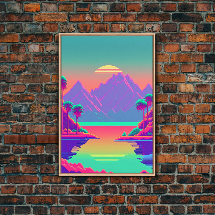 Retro Vaporwave Aesthetic Pixel Art Sunset, Turquoise and Pink Fantasy Landscape Art, Gamer Decor, Game Room Art