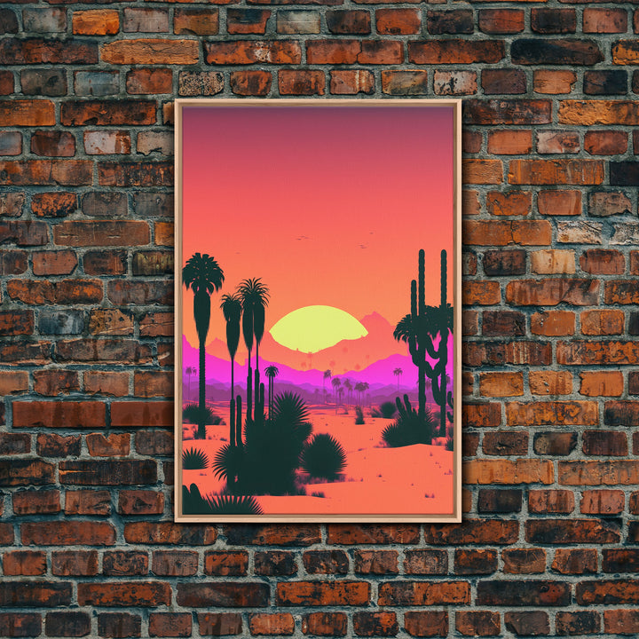 Retro Art Deco Style Minimalist Desert Landscape Print, Framed Canvas Art, Synthwave Style, Southwestern Decor, Western Art, Guest Room