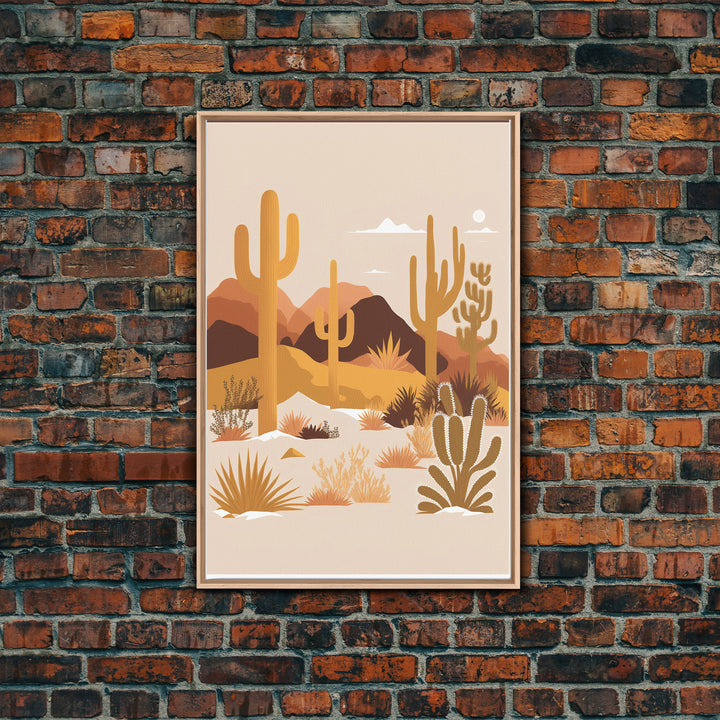 Boho Style Desert Art, Framed Canvas Print, Pueblo Style Cactus and Desert Landscape Art