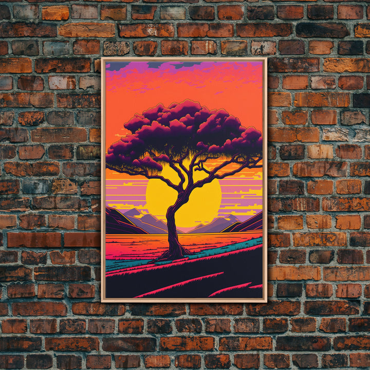 Weeping Willow At Sunset, Retro Style MCM Art, Framed Canvas Print, Trendy Wall Prints, Landscape and Sunset Outrun Art