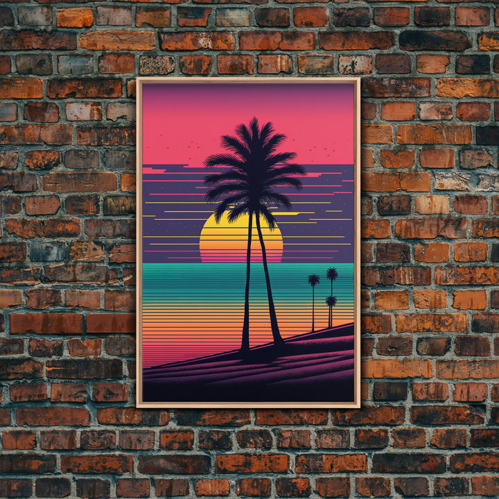 Framed Canvas Print | Synthwave Sunset with Palm Trees | Home Decor | Ready to Hang | Retro Style Decor