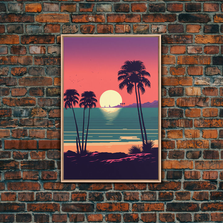 Framed Canvas Print - Art Deco Sunset, Palm Trees, Synthwave Vibes, Beach Decor, Vaporwave Pink Art, Miami Vibes