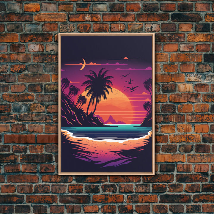 Framed Canvas Print - Pop Art Style Beach at Sunset with Palm Trees - Retro Style - Living Room / Office / Bedroom Wall Art