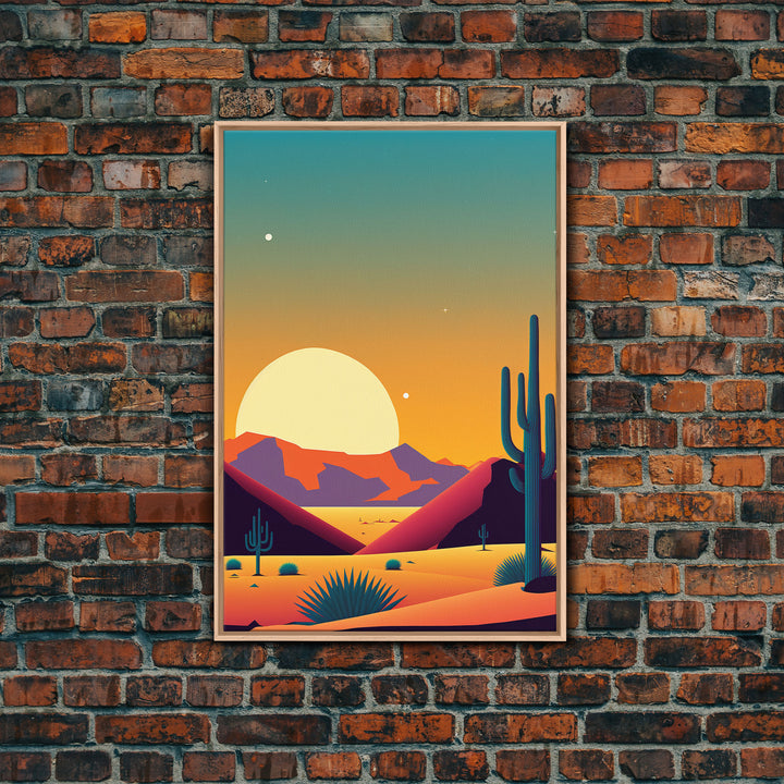 Framed Canvas Print - Pop Art Desert Landscape at Sunset - Ready to Hang Wall Art - Retro Desert Prints - Minimalist Art