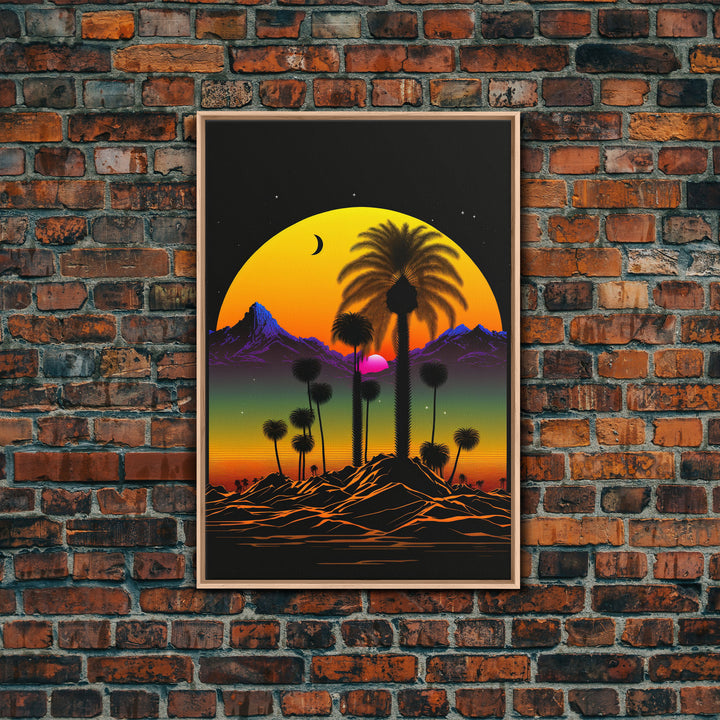 Pop Art Framed Canvas Print of Desert Landscape at Sunset, Outrun Style Sunset Full Moon Art, Unique 80s Vibe Retro Art